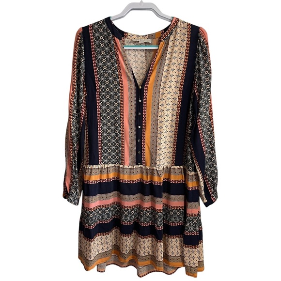 LOFT bohemian pattern orange/navy split-neck long sleeve drop waist dress sz M - Picture 1 of 6